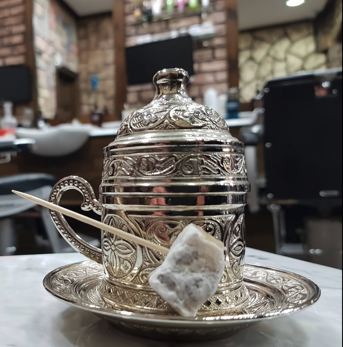 Turkish tea served at Baba Barbers